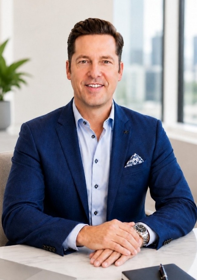 A smiling professional man in a blue blazer.