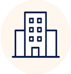Dark blue line icon of a multi-story office building.