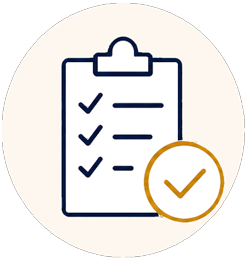 Clipboard icon with checkmarks and a gold verification badge.