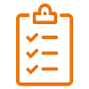 Orange clipboard icon with three checkmarks on a checklist.