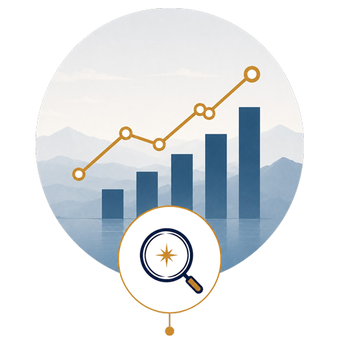 Data growth chart and magnifying glass icon over mountains.