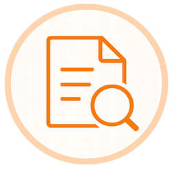 Orange icon of a document and magnifying glass.