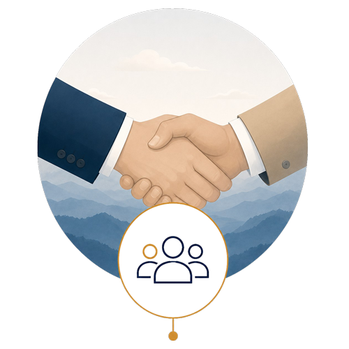 A professional handshake set against a majestic mountain backdrop.