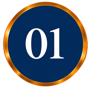 White number 01 in a blue circle with gold border.