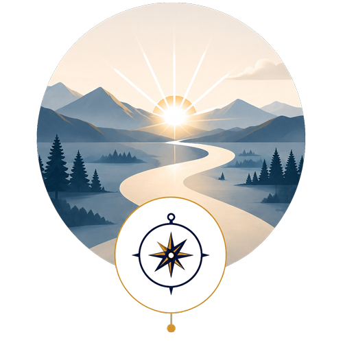 Sunrise over mountains and river with a compass icon.