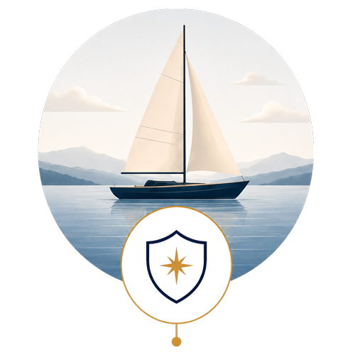 Stylized sailboat on a lake with a shield icon.