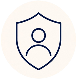 Dark blue line icon of a person inside a shield.