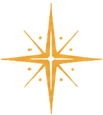 Stylized orange eight-pointed star icon with small dots.