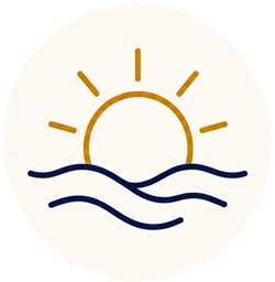 Minimalist icon of a sun rising over wavy water.