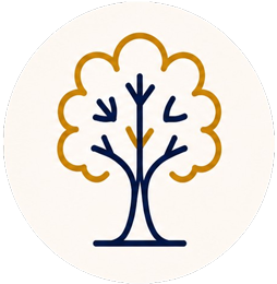 Stylized tree icon with dark blue and gold outlines.